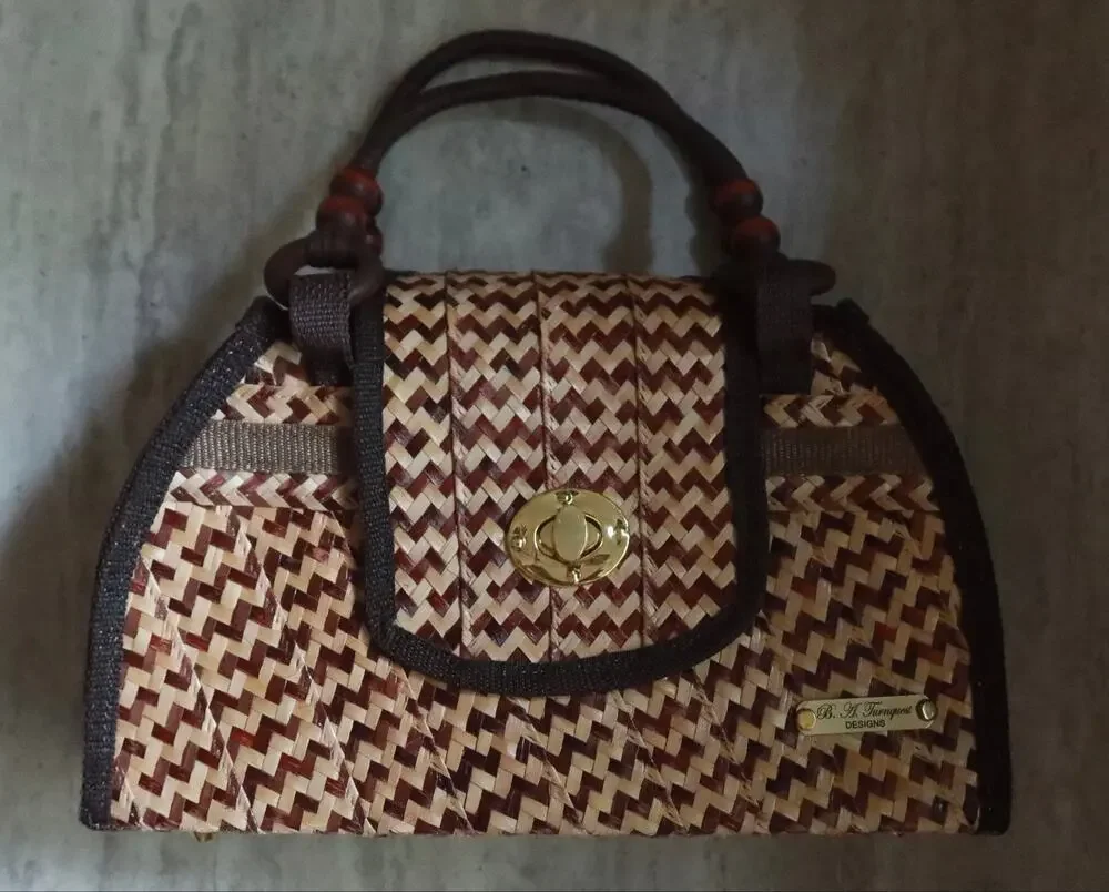 Vintage Boho Woven Brown Bag & Wallet Set with Leopard Lining